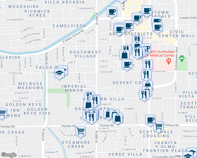 map of restaurants, bars, coffee shops, grocery stores, and more near in Scottsdale