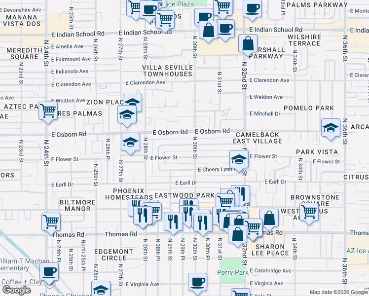 map of restaurants, bars, coffee shops, grocery stores, and more near 2922 East Flower Street in Phoenix