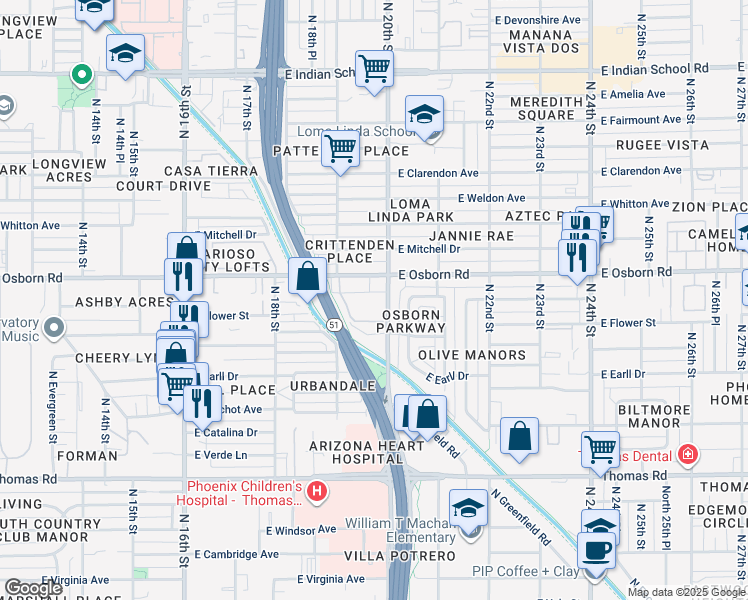 map of restaurants, bars, coffee shops, grocery stores, and more near 1901 East Osborn Road in Phoenix