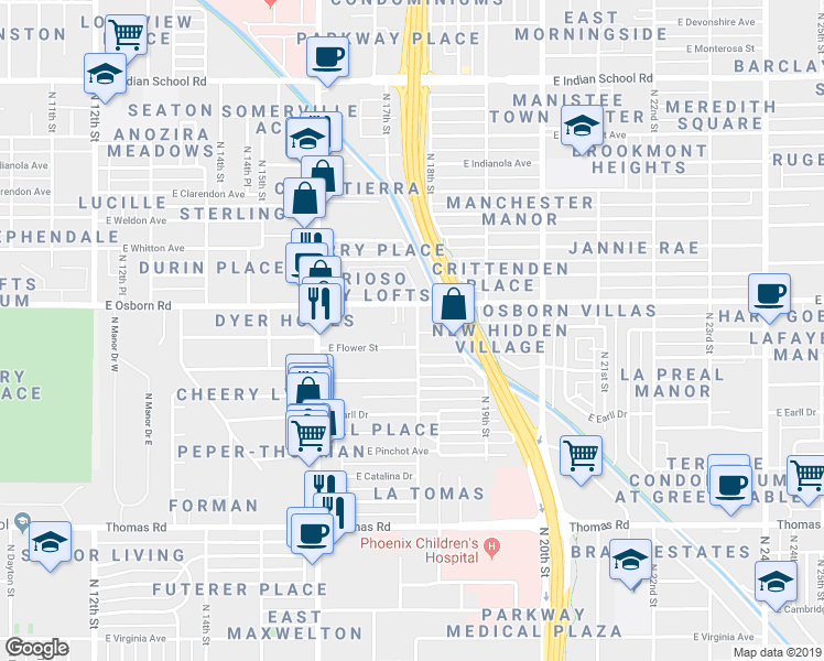 map of restaurants, bars, coffee shops, grocery stores, and more near 1741 East Flower Street in Phoenix