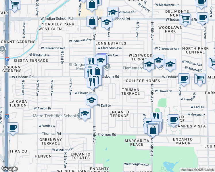 map of restaurants, bars, coffee shops, grocery stores, and more near 3318 North 18th Avenue in Phoenix