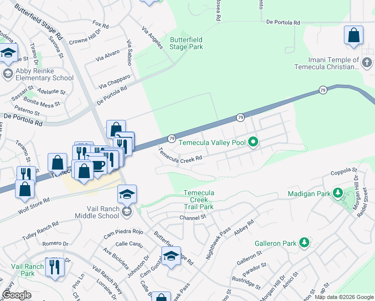 map of restaurants, bars, coffee shops, grocery stores, and more near 33653 Pebble Brook Circle in Temecula