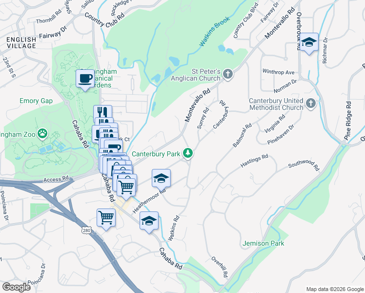 map of restaurants, bars, coffee shops, grocery stores, and more near 2724 Canterbury Road in Birmingham