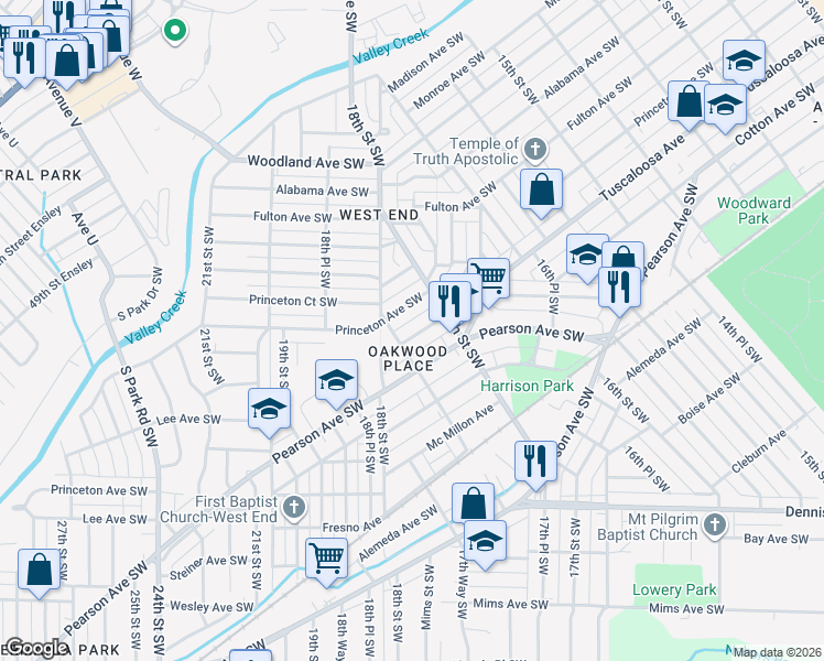 map of restaurants, bars, coffee shops, grocery stores, and more near 1749 Lee Avenue Southwest in Birmingham