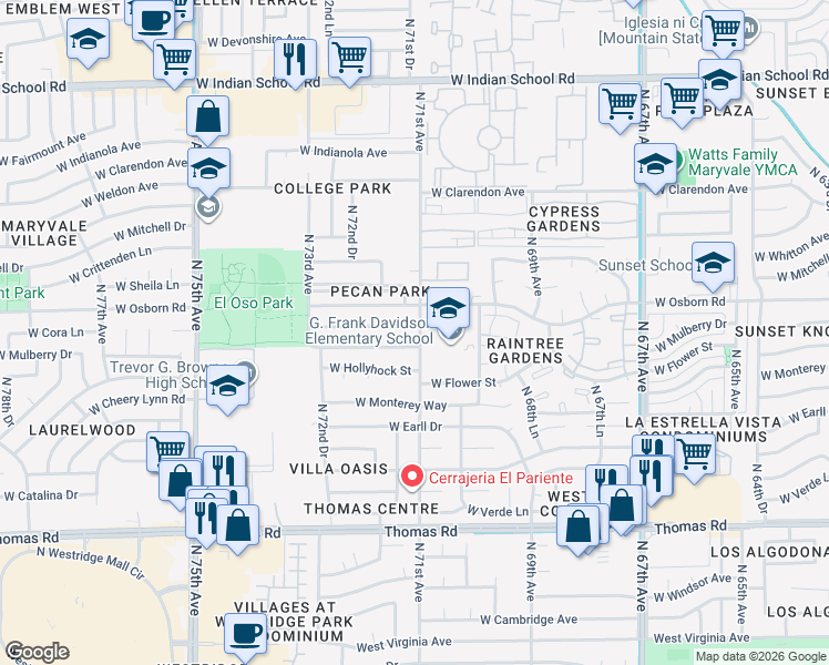 map of restaurants, bars, coffee shops, grocery stores, and more near 7101 West Flower Street in Phoenix