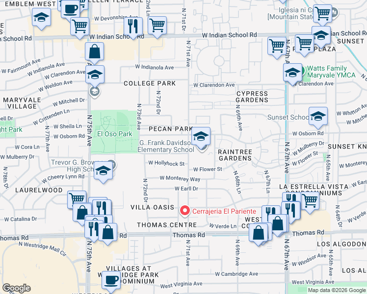 map of restaurants, bars, coffee shops, grocery stores, and more near 7101 West Flower Street in Phoenix