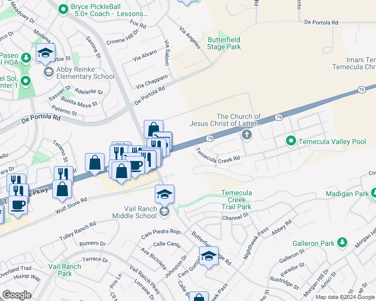 map of restaurants, bars, coffee shops, grocery stores, and more near 43871 Brookhaven Court in Temecula