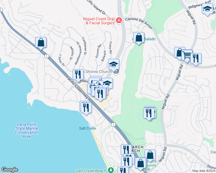 map of restaurants, bars, coffee shops, grocery stores, and more near 23277 Atlantis Way in Dana Point