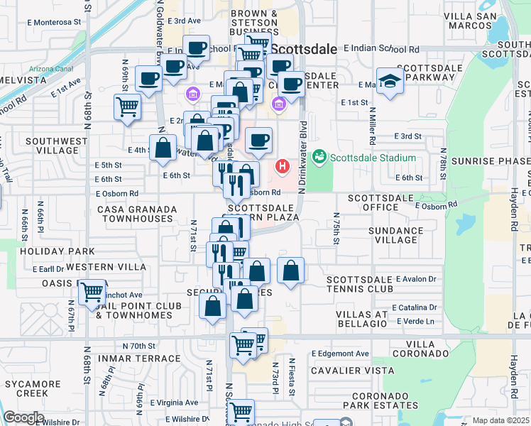 map of restaurants, bars, coffee shops, grocery stores, and more near 3291 North Drinkwater Boulevard in Scottsdale