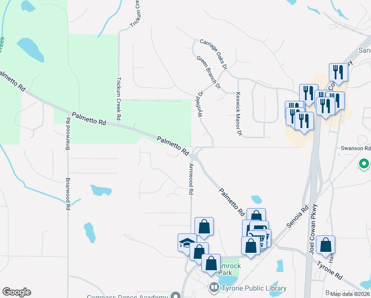 map of restaurants, bars, coffee shops, grocery stores, and more near 110 Point View Court in Tyrone