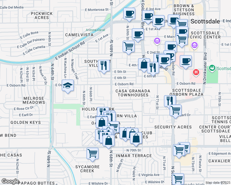 map of restaurants, bars, coffee shops, grocery stores, and more near 3313 North 68th Street in Scottsdale