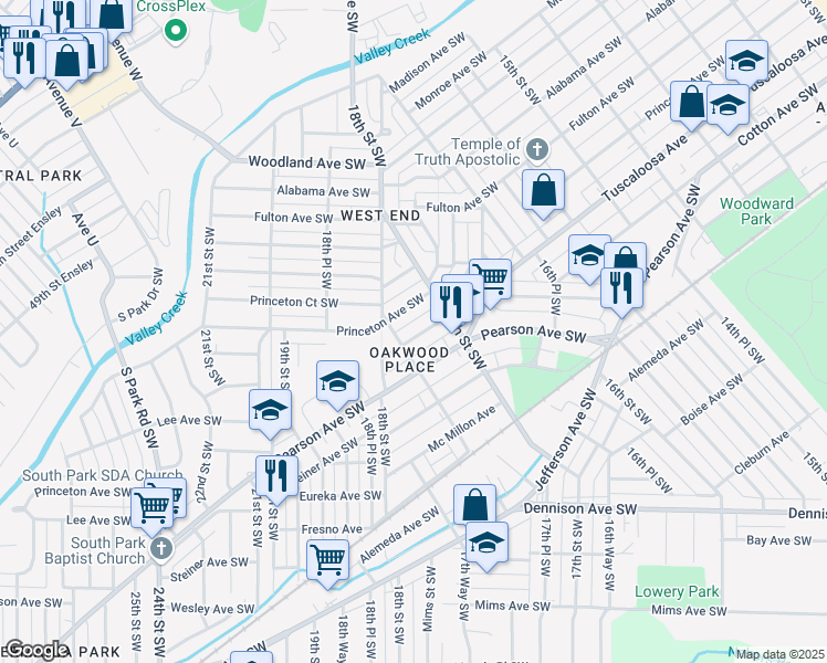 map of restaurants, bars, coffee shops, grocery stores, and more near 1749 Lee Avenue Southwest in Birmingham