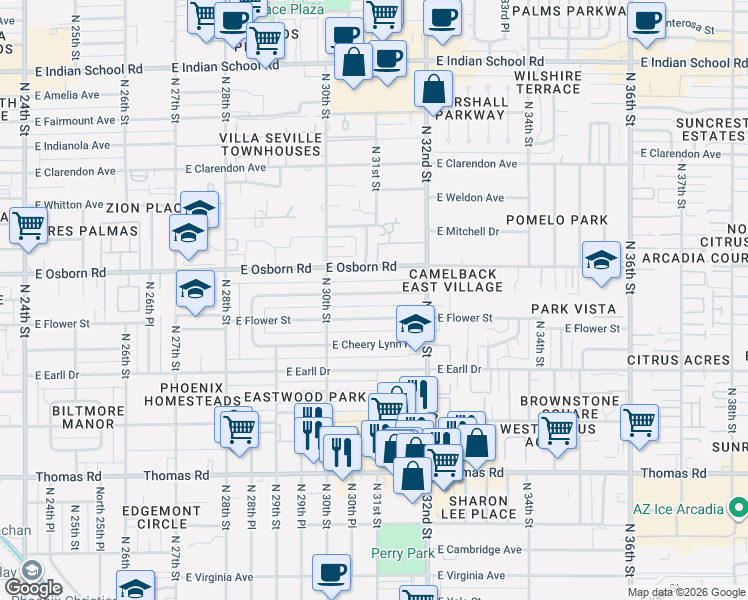 map of restaurants, bars, coffee shops, grocery stores, and more near 3039 East Flower Street in Phoenix
