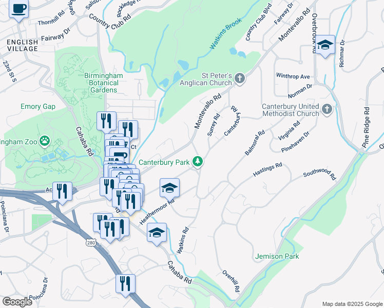 map of restaurants, bars, coffee shops, grocery stores, and more near 2724 Canterbury Road in Birmingham