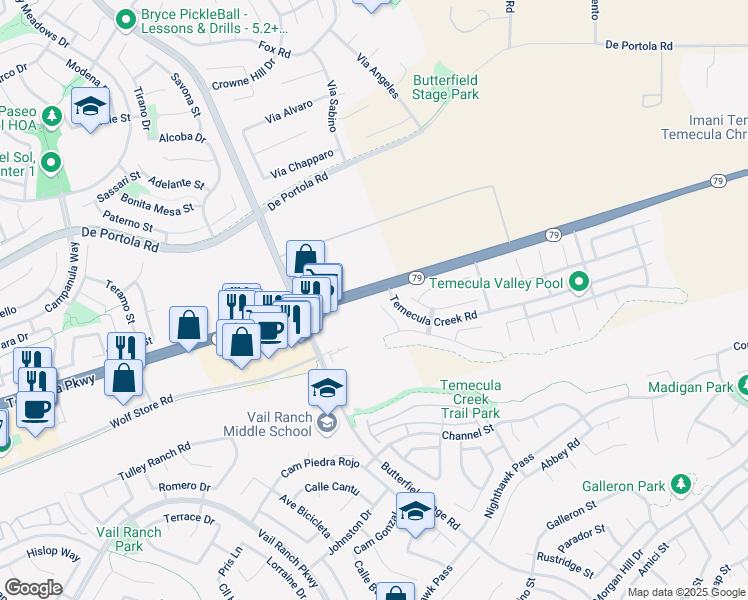 map of restaurants, bars, coffee shops, grocery stores, and more near 43907 Brookhaven Court in Temecula