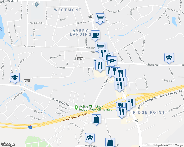 map of restaurants, bars, coffee shops, grocery stores, and more near 1301 Avery Landing in Augusta