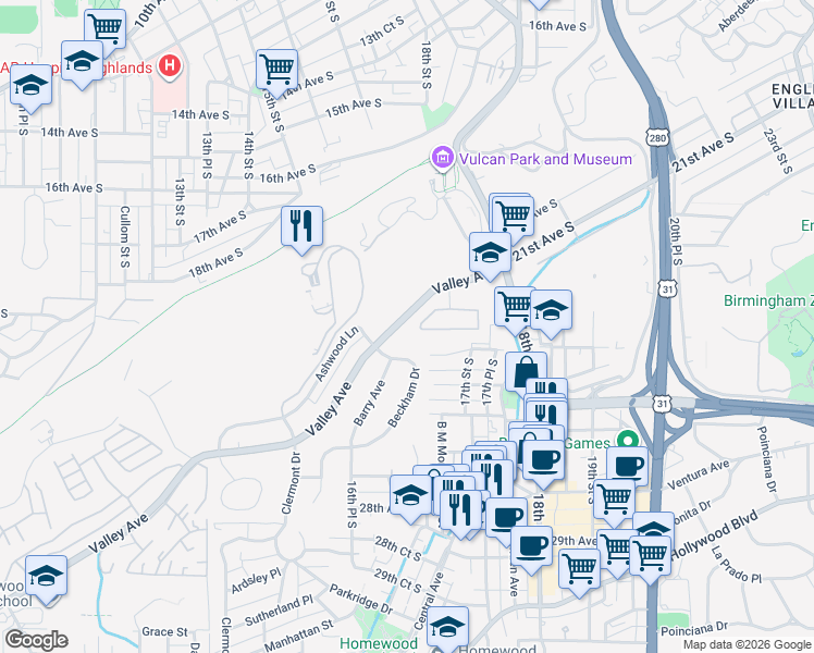map of restaurants, bars, coffee shops, grocery stores, and more near 1677 Beckham Drive in Birmingham