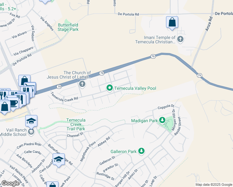 map of restaurants, bars, coffee shops, grocery stores, and more near 43996 Horizon View Street in Temecula
