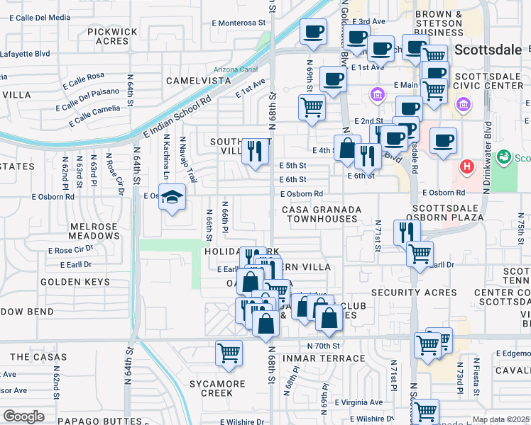 map of restaurants, bars, coffee shops, grocery stores, and more near 6802 East Monterey Way in Scottsdale