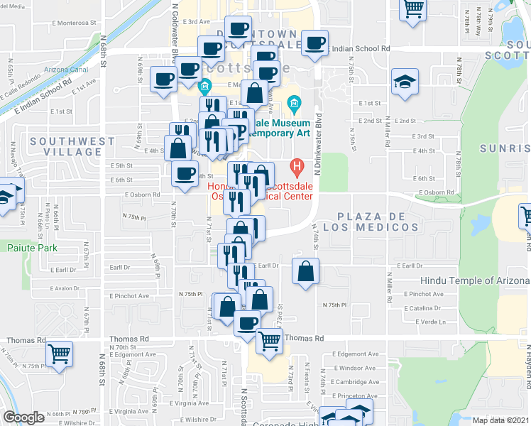 map of restaurants, bars, coffee shops, grocery stores, and more near 3311 North Scottsdale Road in Scottsdale