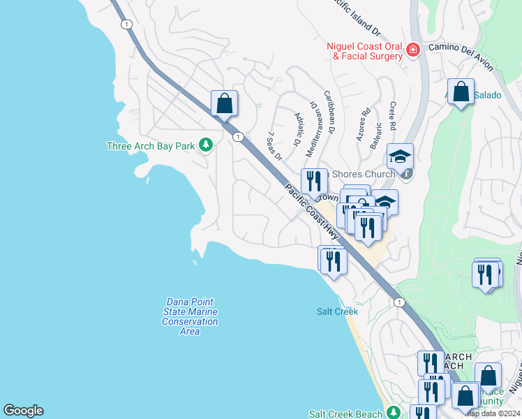 map of restaurants, bars, coffee shops, grocery stores, and more near 130 Monarch Bay Drive in Dana Point