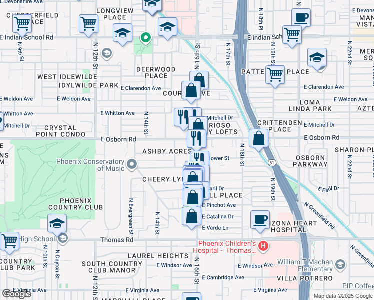 map of restaurants, bars, coffee shops, grocery stores, and more near 3242 North 16th Street in Phoenix