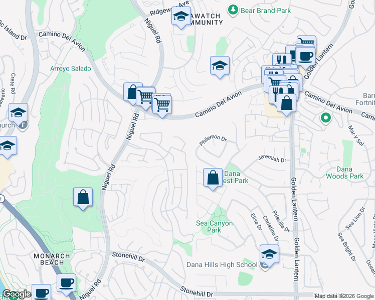 map of restaurants, bars, coffee shops, grocery stores, and more near 20 Regina in Dana Point