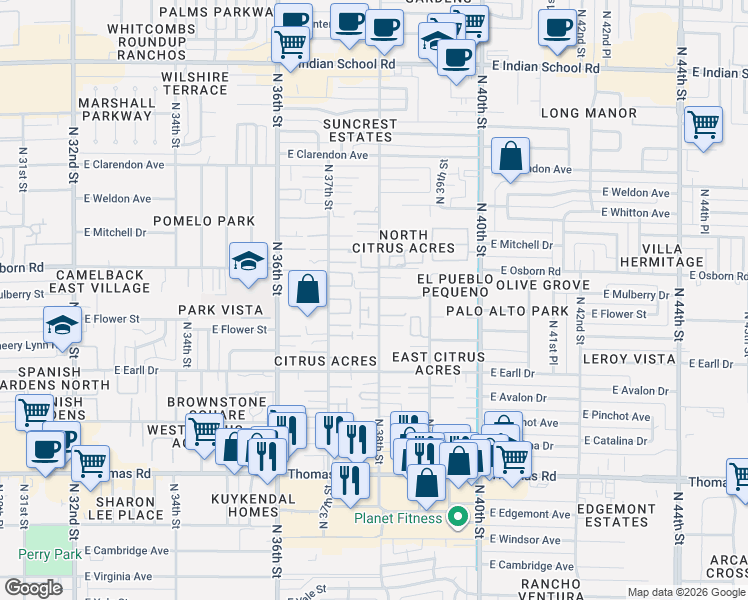 map of restaurants, bars, coffee shops, grocery stores, and more near 3220 North 38th Street in Phoenix