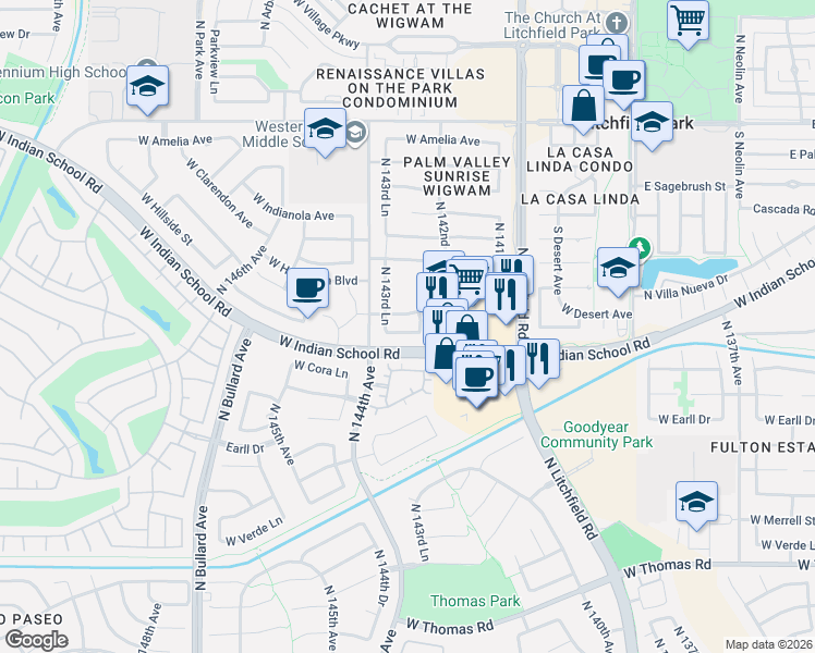 map of restaurants, bars, coffee shops, grocery stores, and more near 14309 West Mitchell Drive in Goodyear
