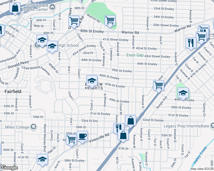map of restaurants, bars, coffee shops, grocery stores, and more near 1101 47th Street Ensley in Birmingham