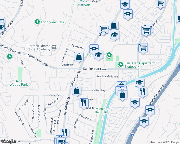 map of restaurants, bars, coffee shops, grocery stores, and more near 32812 Parkplace Lane in San Juan Capistrano