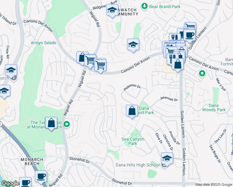 map of restaurants, bars, coffee shops, grocery stores, and more near 20 Regina in Dana Point