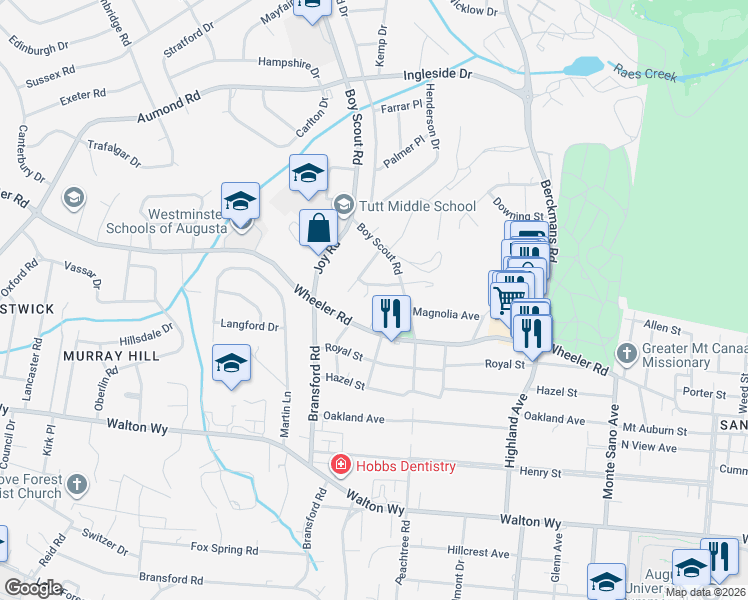 map of restaurants, bars, coffee shops, grocery stores, and more near 542 Basin Street in Augusta