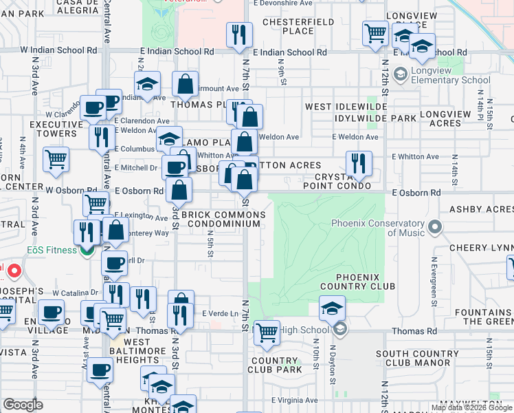 map of restaurants, bars, coffee shops, grocery stores, and more near 156 North Country Club Drive in Phoenix