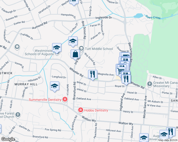 map of restaurants, bars, coffee shops, grocery stores, and more near 542 Basin Street in Augusta