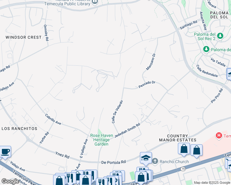 map of restaurants, bars, coffee shops, grocery stores, and more near 43677 Calle De Velardo in Temecula