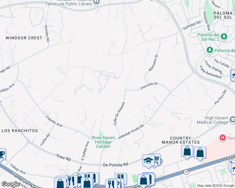 map of restaurants, bars, coffee shops, grocery stores, and more near 43677 Calle De Velardo in Temecula