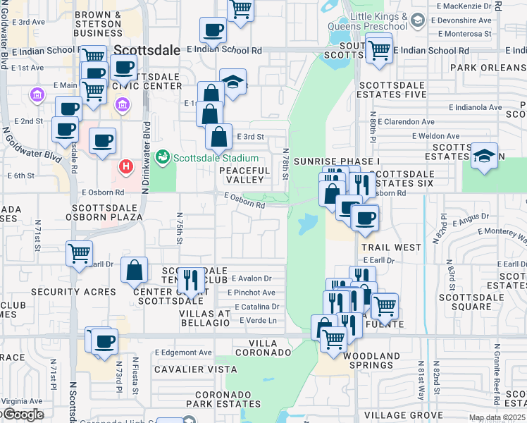 map of restaurants, bars, coffee shops, grocery stores, and more near 7701 East Osborn Road in Scottsdale