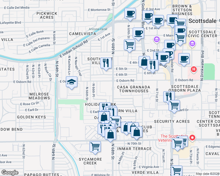 map of restaurants, bars, coffee shops, grocery stores, and more near in Scottsdale