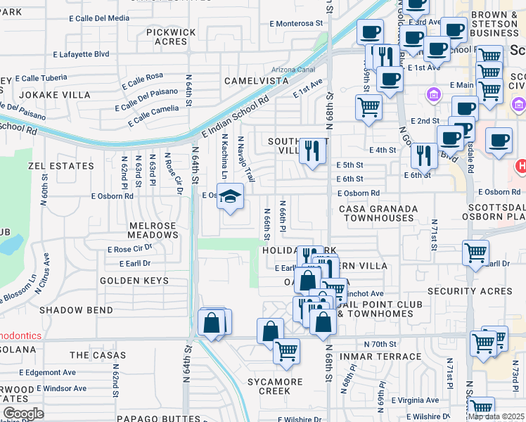 map of restaurants, bars, coffee shops, grocery stores, and more near 3238 North 66th Street in Scottsdale