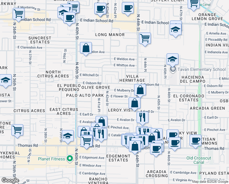 map of restaurants, bars, coffee shops, grocery stores, and more near 4227 East Flower Street in Phoenix