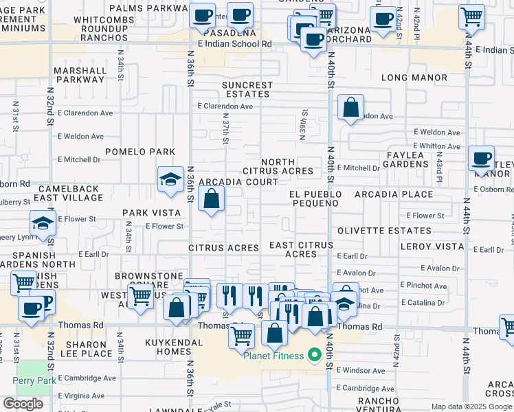 map of restaurants, bars, coffee shops, grocery stores, and more near 3202 North 38th Street in Phoenix