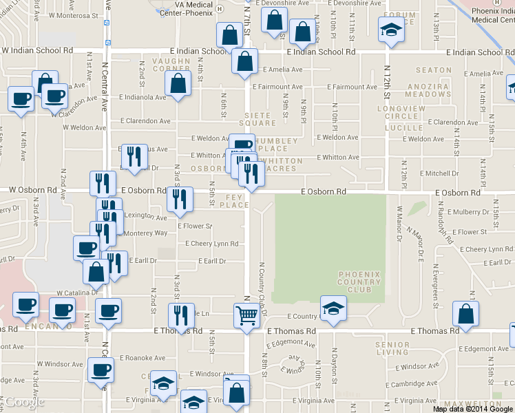 map of restaurants, bars, coffee shops, grocery stores, and more near 156 North Country Club Drive Ac in Phoenix