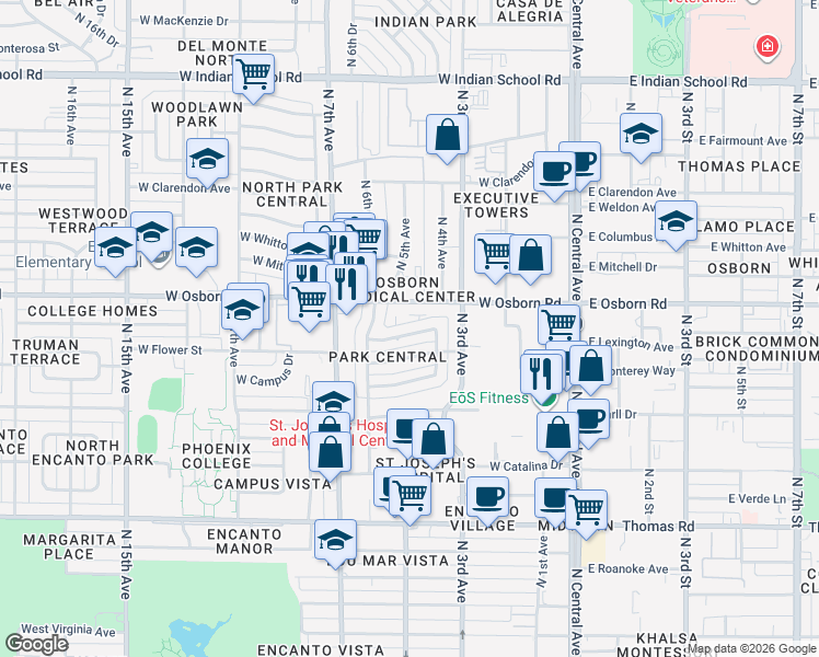 map of restaurants, bars, coffee shops, grocery stores, and more near 414 West Flower Street in Phoenix