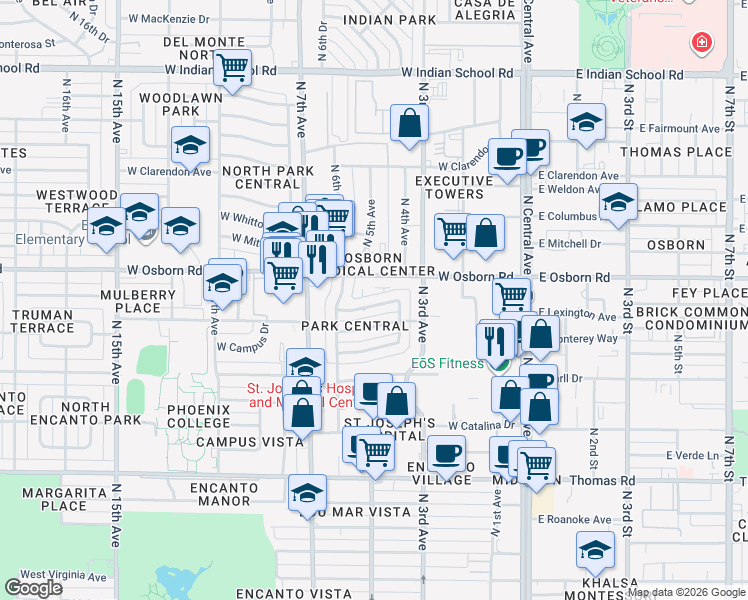 map of restaurants, bars, coffee shops, grocery stores, and more near 414 West Flower Street in Phoenix