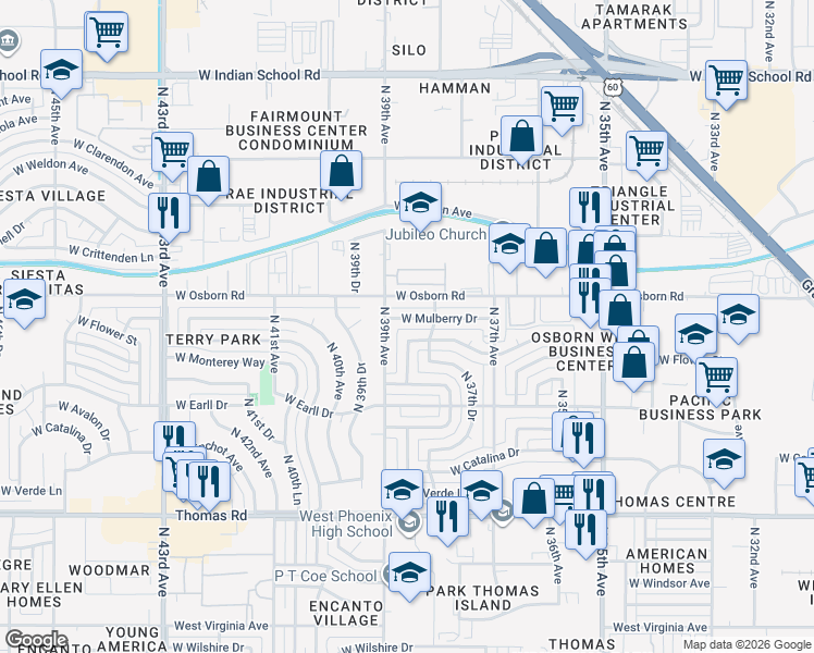 map of restaurants, bars, coffee shops, grocery stores, and more near 3805 West Flower Street in Phoenix