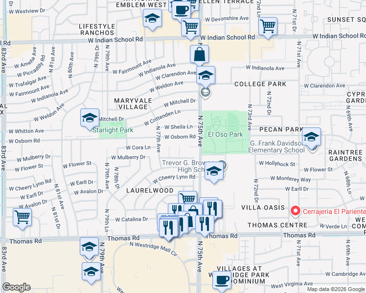 map of restaurants, bars, coffee shops, grocery stores, and more near 7602 West Mulberry Drive in Phoenix