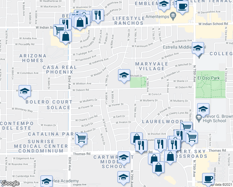 map of restaurants, bars, coffee shops, grocery stores, and more near 3319 North 80th Drive in Phoenix