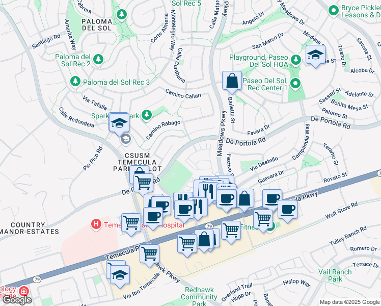 map of restaurants, bars, coffee shops, grocery stores, and more near 44158 Calle Ciuita in Temecula