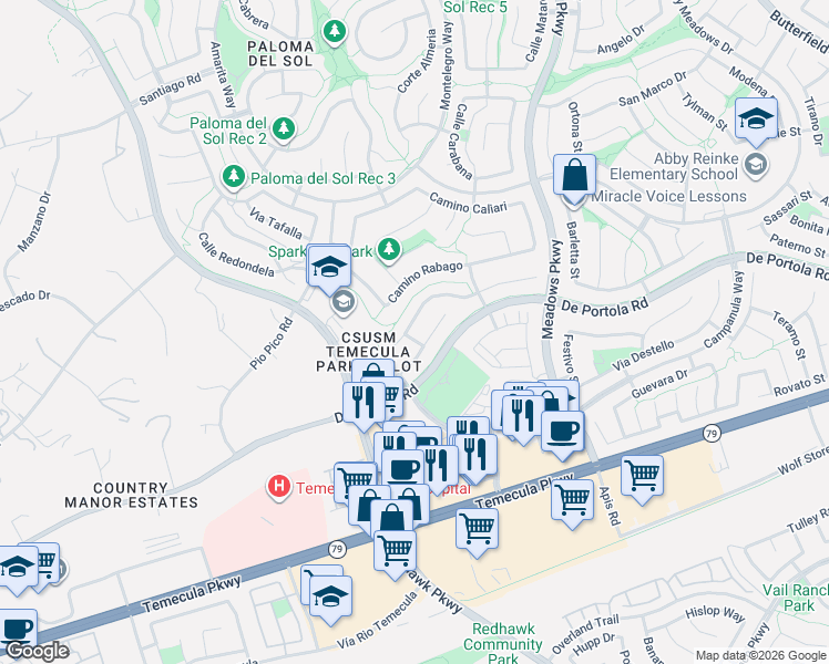 map of restaurants, bars, coffee shops, grocery stores, and more near 31992 Calle Caballos in Temecula